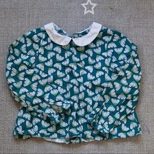 Okaidi Girl Green Flower Long Sleeves Back Button Collar Blouse Size 104cm